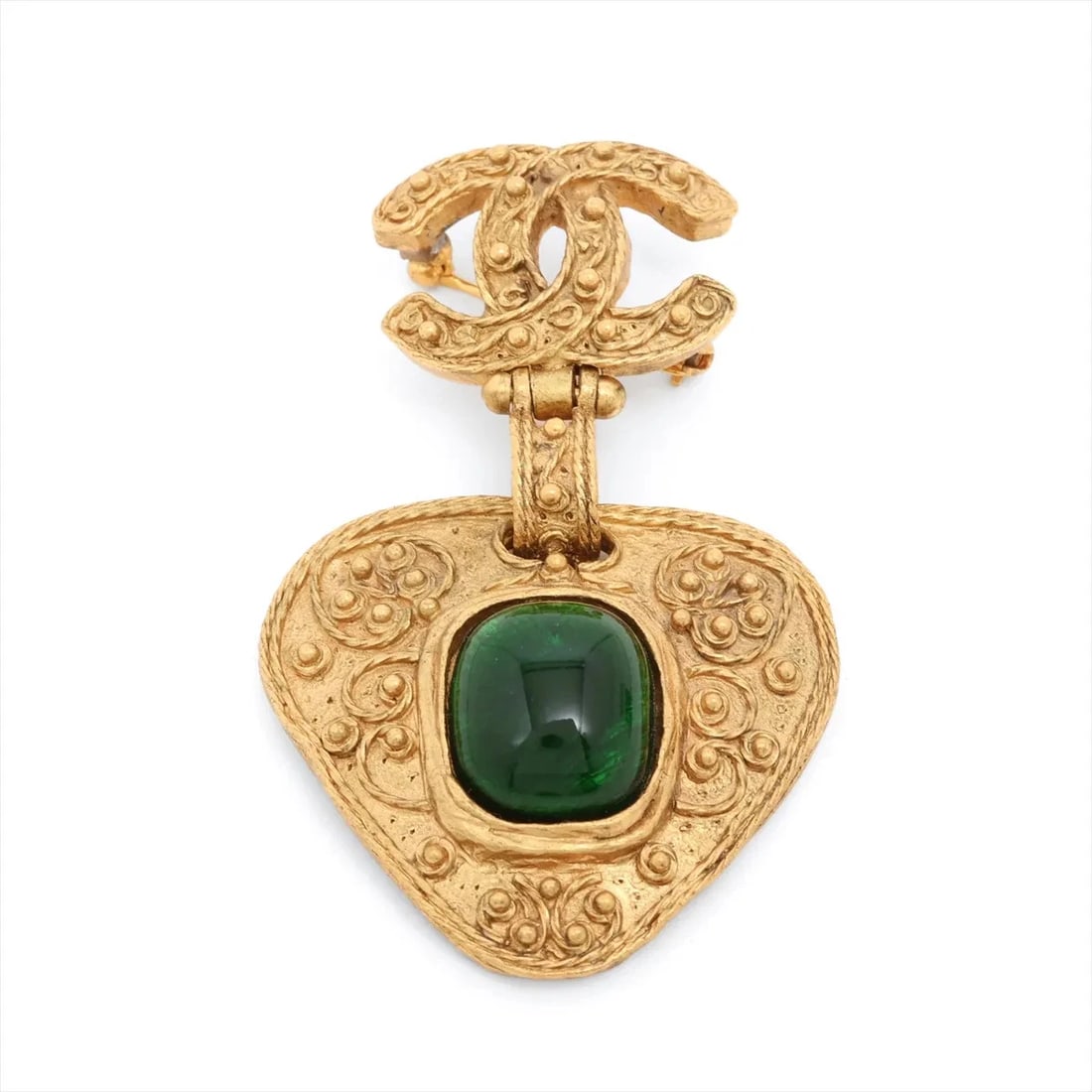 CHANEL COCO MARK GRIPOIX 94A BROOCH GP: Chanel Coco Mark Gripoix 94A Brooch GP Brand: Chanel Type/Style: Brooch Material: GP x color stone, Color: green x gold Size: None Accessories: None Accessories Notice: When purchasing