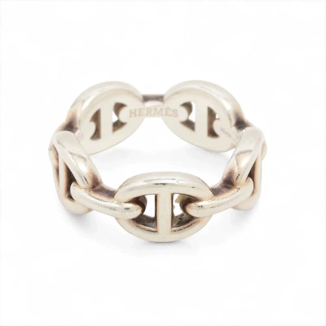 HERMES CHAINE D'ANCRE ENCHAINEE RING: Hermes Chaine d'Ancre Enchainee Ring Brand: Hermes Type/Style: Ring Material: 925, Color: Silver Size: 4.75 - 5 US Accessories: None Accessories Notice: When purchasing pre-owned goods,