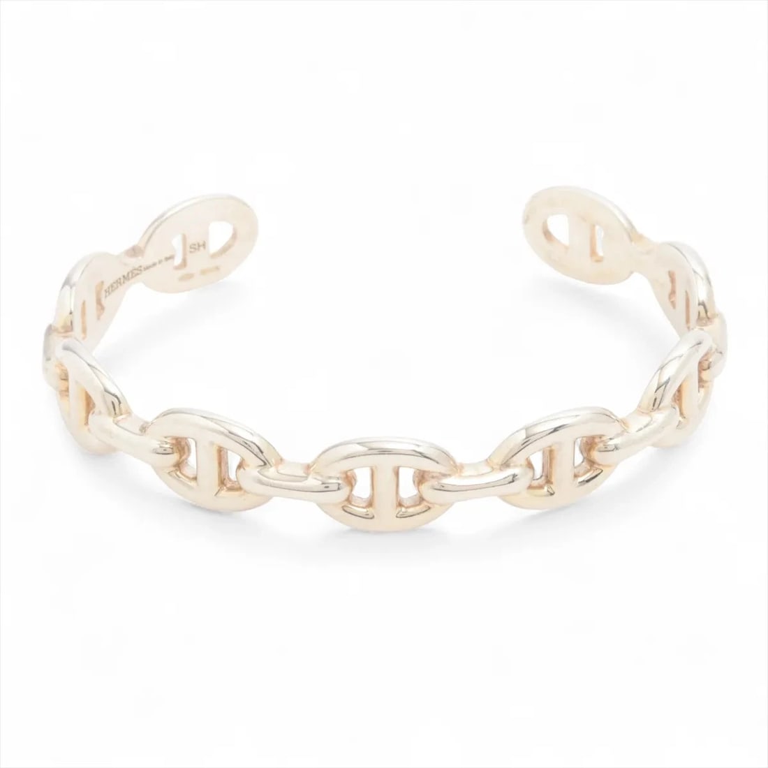 HERMES CHAINE D'ANCRE ENCHAINEE BANGLE: Hermes Chaine d'Ancre Enchainee Bangle Brand: Hermes Type/Style: Bracelet Material: 925, Color: Silver Size: Bracelet length:14.5 Accessories: None Accessories Notice: When purchasing