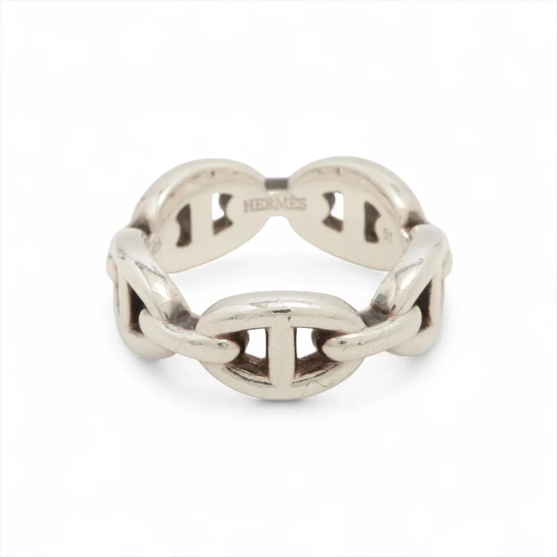 HERMES CHAINE D'ANCRE ENCHAINEE RING: Hermes Chaine d'Ancre Enchainee Ring Brand: Hermes Type/Style: Ring Material: 925, Color: Silver Size: 5.25 US Accessories: None Accessories Notice: When purchasing pre-owned goods, please