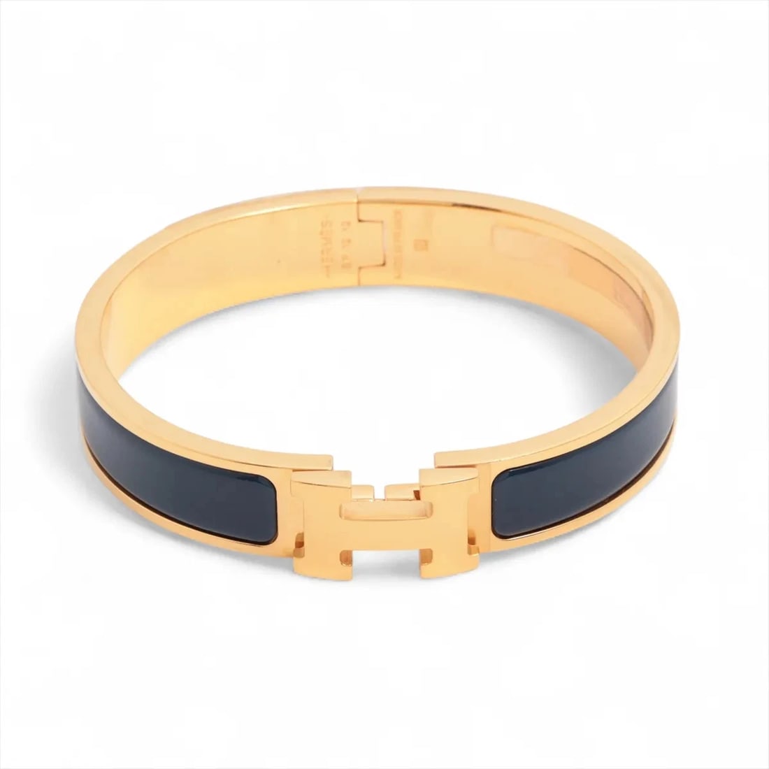 HERMES CLICK H FAN BRACELET PM GP×ENAMEL NAVY: Hermes Click H fan Bracelet PM GP×Enamel Navy Brand: Hermes Type/Style: Bracelet Material: GP×Enamel, Color: Navy x gold Size: Bracelet length:17 Accessories: None Accessories Notice: When