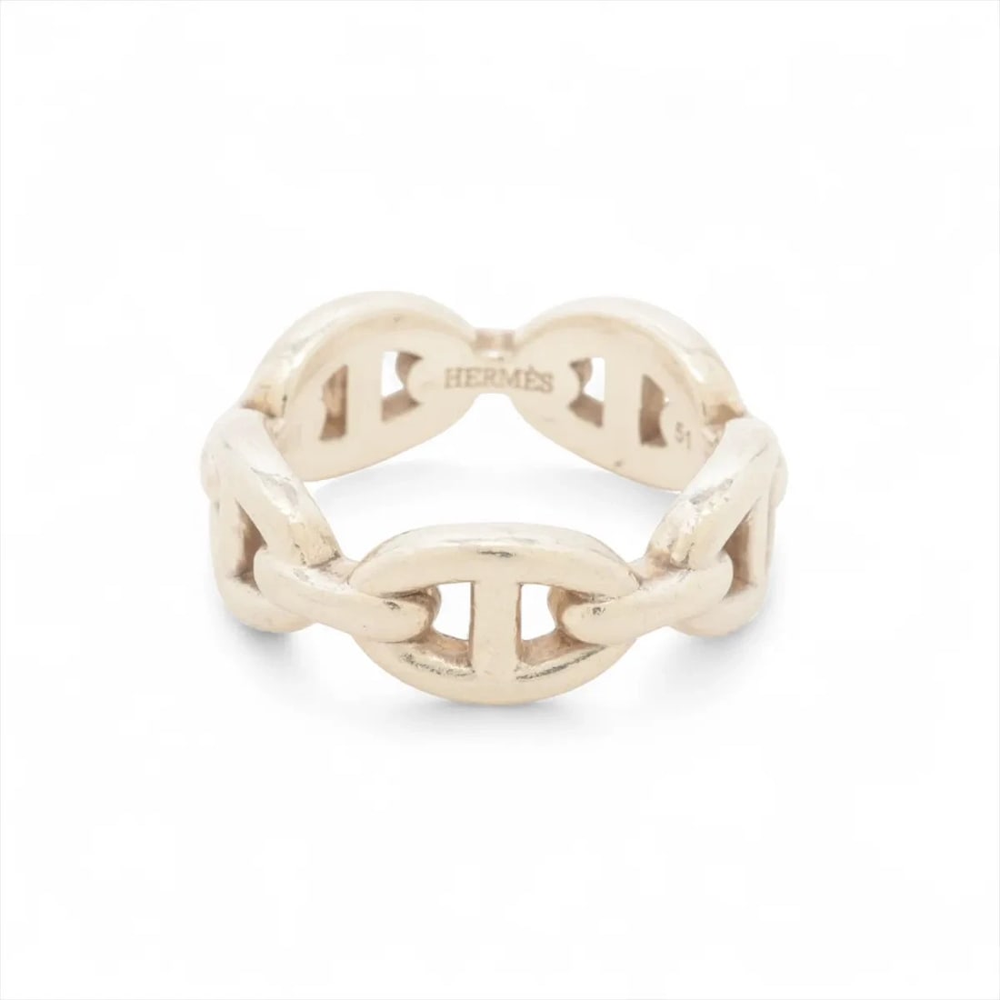 HERMES CHAINE D'ANCRE ENCHAINEE RING: Hermes Chaine d'Ancre Enchainee Ring Brand: Hermes Type/Style: Ring Material: 925, Color: Silver Size: 5.5 - 5.75 US Accessories: None Accessories Notice: When purchasing pre-owned goods,