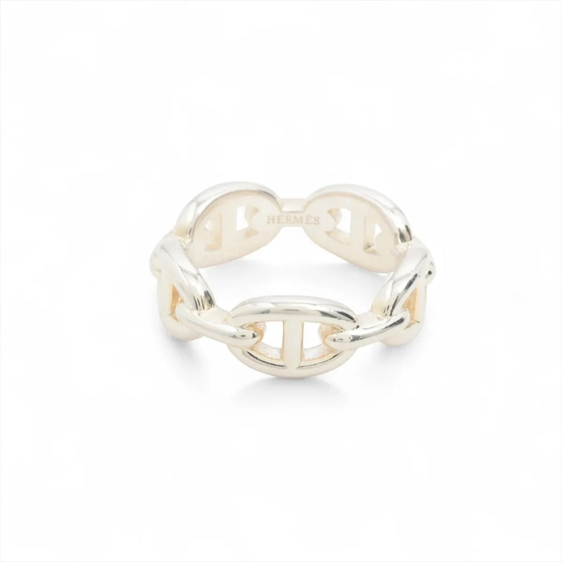 HERMES CHAINE D'ANCRE ENCHAINEE RING: Hermes Chaine d'Ancre Enchainee Ring Brand: Hermes Type/Style: Ring Material: 925, Color: Silver Size: 8 - 8.25 USUS Accessories: None Accessories Notice: When purchasing pre-owned goods,