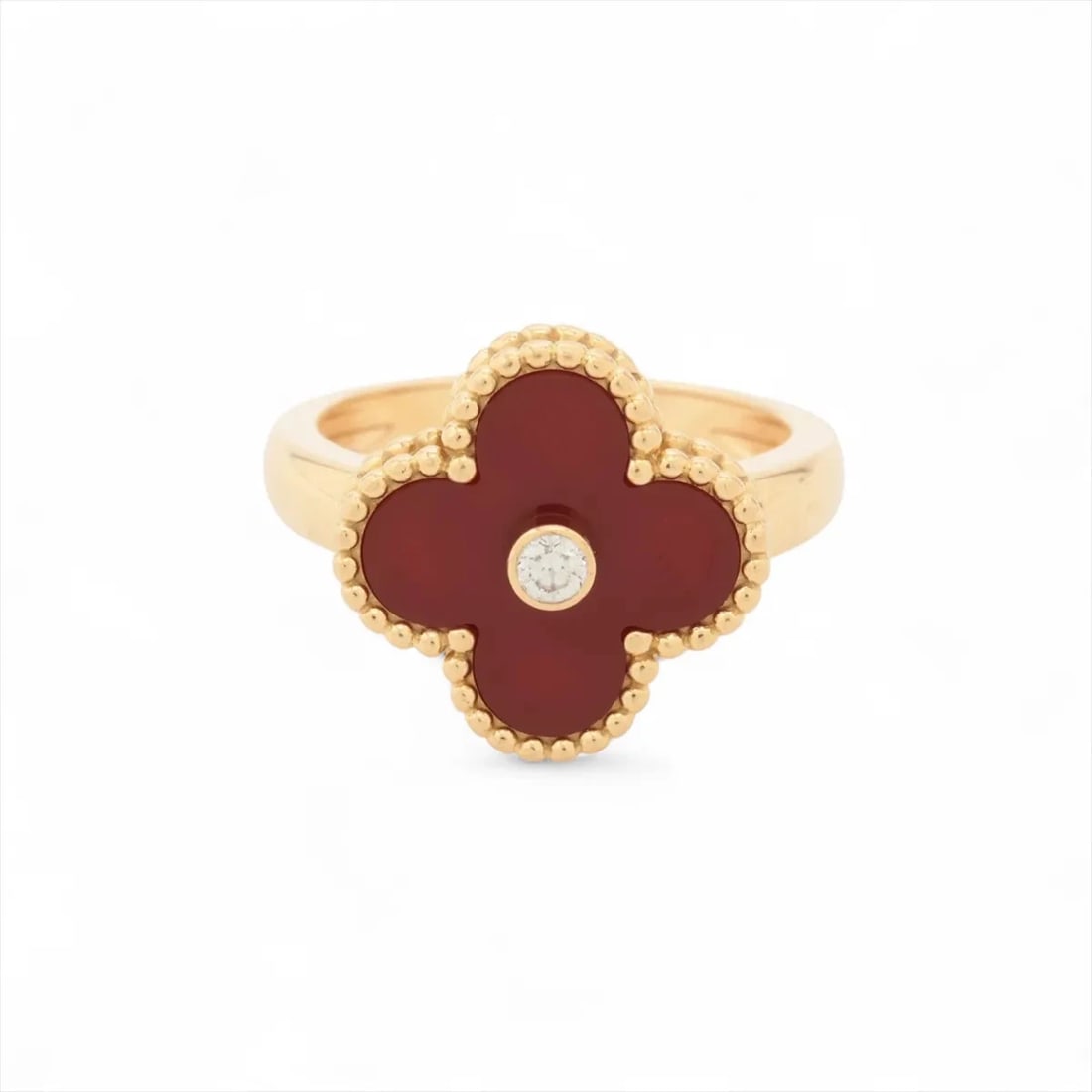 VAN CLEEF & ARPELS VINTAGE ALHAMBRA CARNELIAN DIAMOND RING: Van Cleef & Arpels Vintage Alhambra Carnelian diamond Ring Brand: Van Cleef & Arpels Type/Style: Ring Material: 750(YG), Main Stone/Creation Natural Color: YG Size: 5.75 - 6 US Accessories: