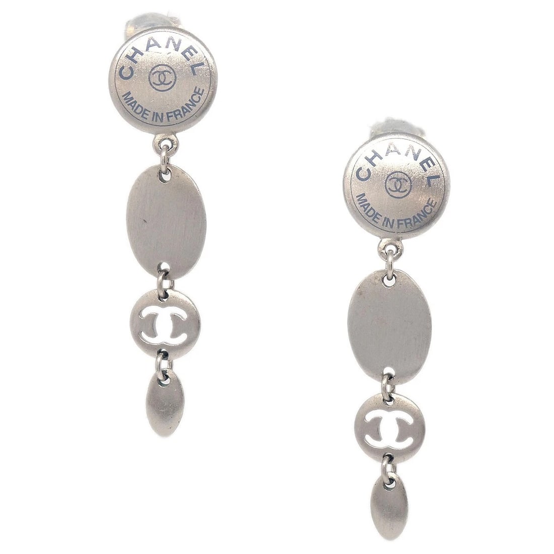 CHANEL DANGLE BUTTON CLIP-ON EARRINGS SILVER: Chanel Dangle Button Clip-On Earrings Silver Brand: Chanel Type/Style: Earrings Material: Silver Plated, Color: Silver Size: W 1.4 x H 5.5 cm Accessories: None Accessories Notice: When pur