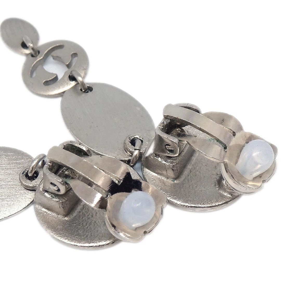 CHANEL DANGLE BUTTON CLIP-ON EARRINGS SILVER - 3