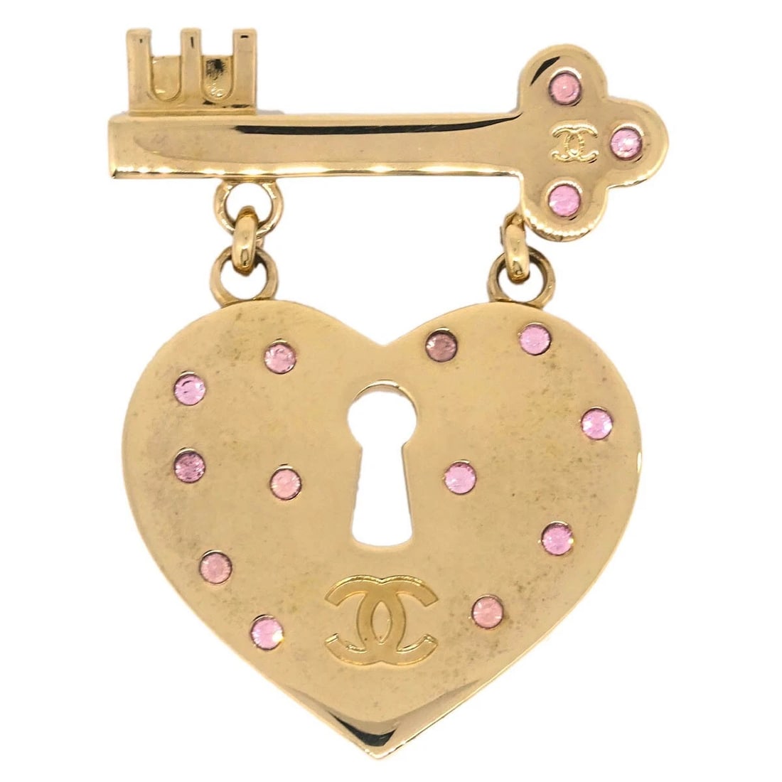 CHANEL HEART RHINESTONE BROOCH GOLD: Chanel Heart Rhinestone Brooch Gold Brand: Chanel Type/Style: Brooch Material: Gold-plated, Color: Gold, Pink Size: W 4.0 x H 5.6 cm Accessories: None Accessories Notice: When purchasing p