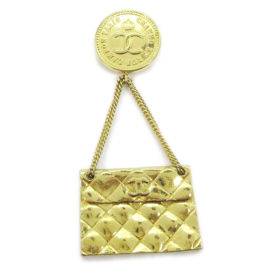 CHANEL BAG BROOCH PIN GOLD: Chanel Bag Brooch Pin Gold Brand: Chanel Type/Style: Brooch Material: Gold-tone, Color: Gold Size: W 3.5 x H 7.7 cm Accessories: None Accessories Notice: When purchasing pre-owned goods,