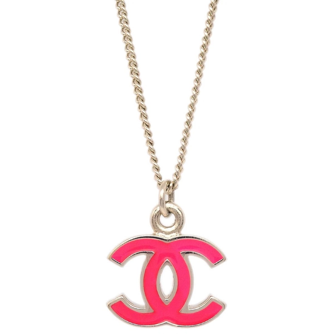 CHANEL SILVER PINK CC PENDANT NECKLACE: Chanel Silver Pink CC Pendant Necklace Brand: CHANEL Type/Style: Necklace Material: Silver Plated, Color: Silver, Pink Size: Chain(Overall) : 41.0 cm Top : W 1.7 x H 1.3 cm Accessories: None <