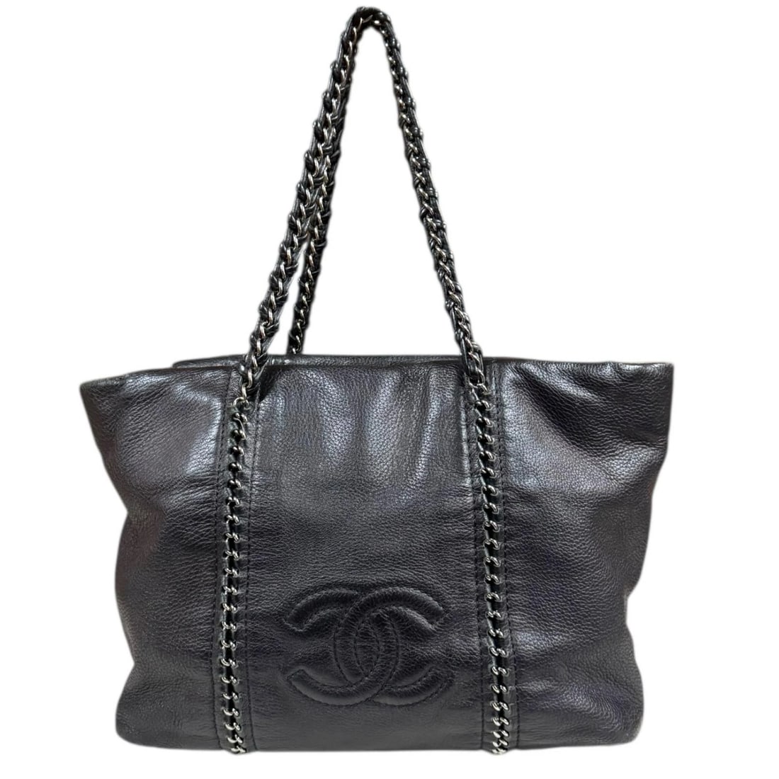 CHANEL TOTE BAG LEATHER CHAIN: CHANEL Tote Bag leather Chain Brand: CHANEL Type: Tote Bag Material/Exterior Material: leather Color/Exterior Color: black Size: W12.4 x H9.8 x D5.1inch Handle:20.9inch Accessories: None