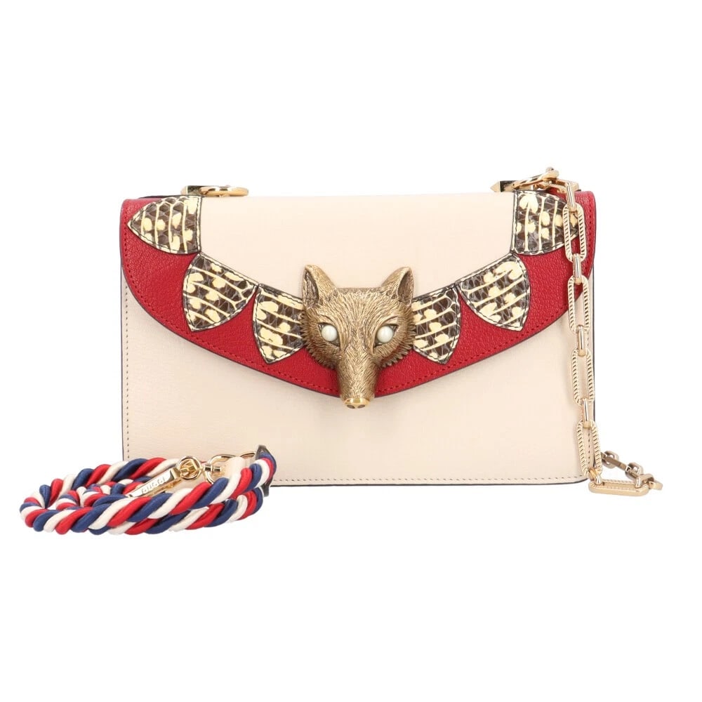 GUCCI FOX SHOULDER BAG LEATHER BROCHE: GUCCI Fox Shoulder Bag leather Broche Brand: GUCCI Type: Shoulder Bag Material/Exterior Material: leather Color/Exterior Color: beige / Red Size: W9.1 x H5.5 x D3.1inch Accessories: None