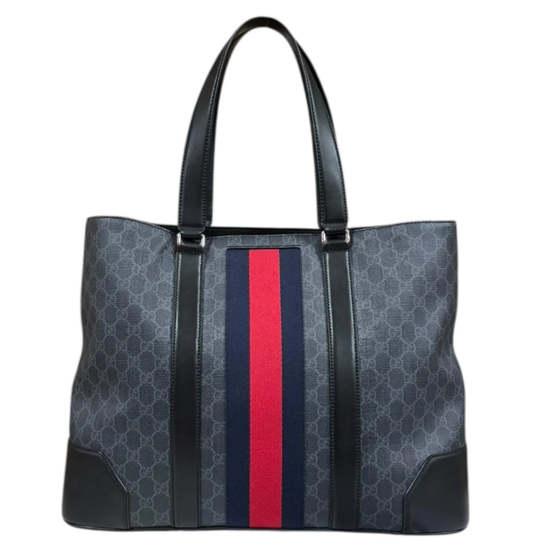 GUCCI TOTE BAG GG SUPREME CANVAS: GUCCI Tote Bag GG Supreme Canvas Brand: GUCCI Type: Tote Bag Material/Exterior Material: GG Supreme Canvas Color/Exterior Color: black / Navy x Red Size: W17.3 x H12.8 x D5.5inch