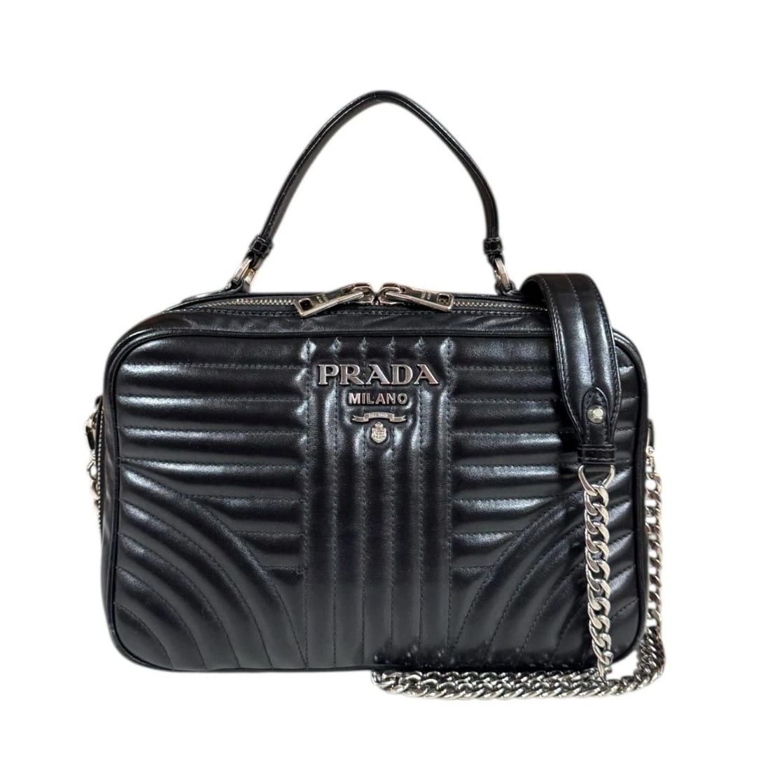 PRADA SHOULDER BAG CROSS BODY LEATHE: PRADA Shoulder Bag Cross Body leathe Brand: PRADA Type: Shoulder Bag Material/Exterior Material: leather Color/Exterior Color: black Size: W9.6 x H6.7 x D3.3inch Handle:9.4inch