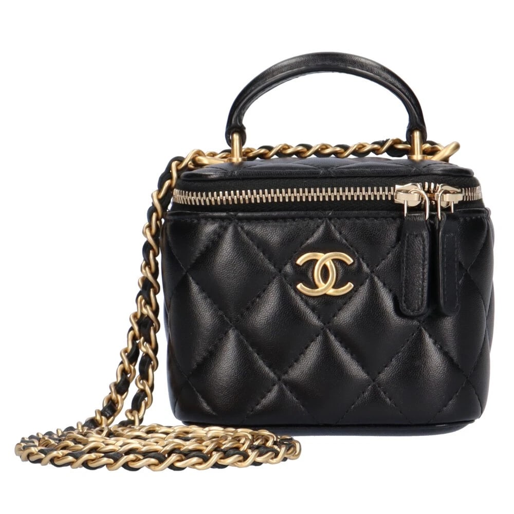 CHANEL SMALL VANITY SHOULDER BAG CROSS: CHANEL Small vanity Shoulder Bag Cross Brand: CHANEL Type: Shoulder Bag Material/Exterior Material: lambskin Color/Exterior Color: black Size: W3.9 x H3.1 x D2.8inch Shoulder:44.9inch 