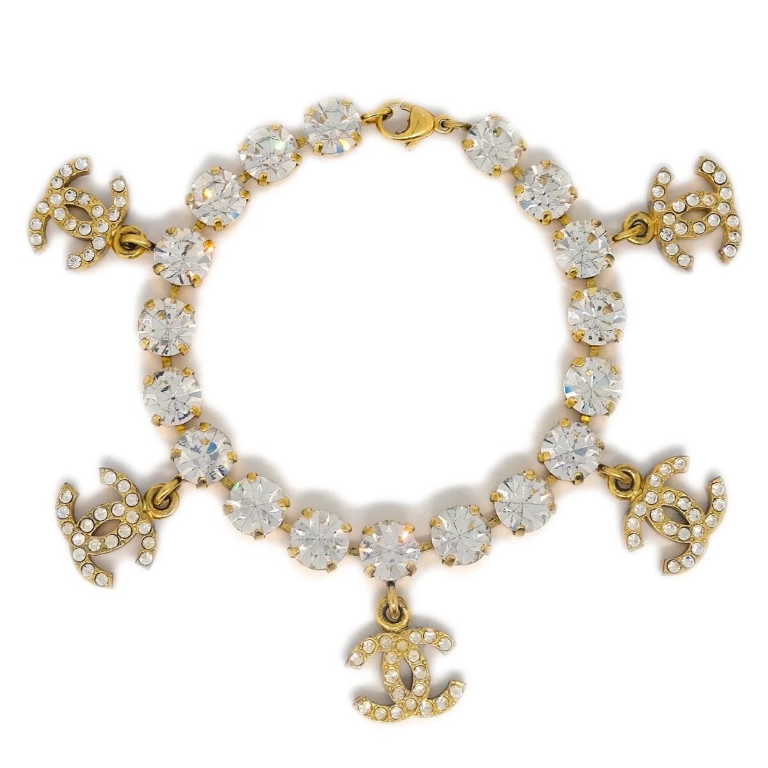 CHANEL RHINESTONE CHAIN BRACELET GOLD: Chanel Rhinestone Chain Bracelet Gold Brand: CHANEL Type/Style: Bracelet Material: Gold-plated, Color: Gold Size: Inner circumference : 19.0 cm Charm : W 1.5 x H 1.2 cm Accessories: None