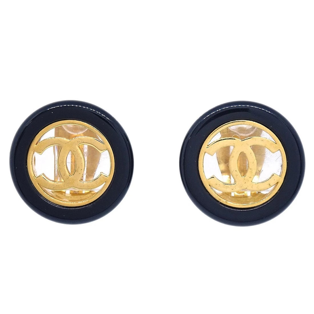 CHANEL BUTTON CLIP-ON EARRINGS BLACK GOLD: Chanel Button Clip-On Earrings Black Gold Brand: CHANEL Type/Style: Earrings Material: Gold Plated, Color: Gold, Black Size: Diameter : 2.5 cm Accessories: None Accessories Notice: When