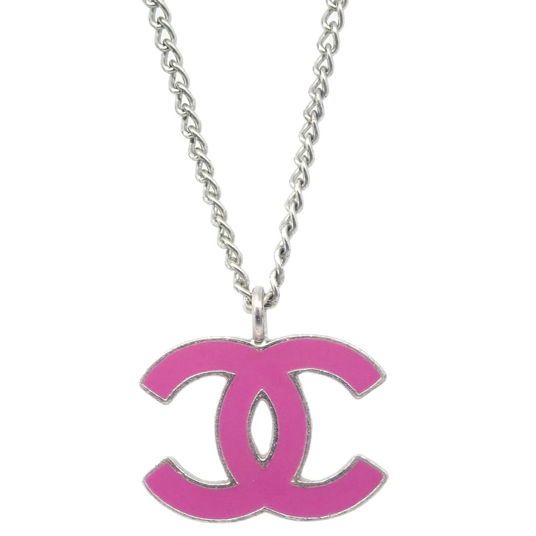 CHANEL CHAIN NECKLACE SILVER: Chanel Chain Necklace Silver Brand: CHANEL Type/Style: Pendant Material: Silver Plated, Color: Silver, Pink Size: Chain(Overall) : 40.0 cm Charm : W 2.0 x H 1.5 cm Accessories: None