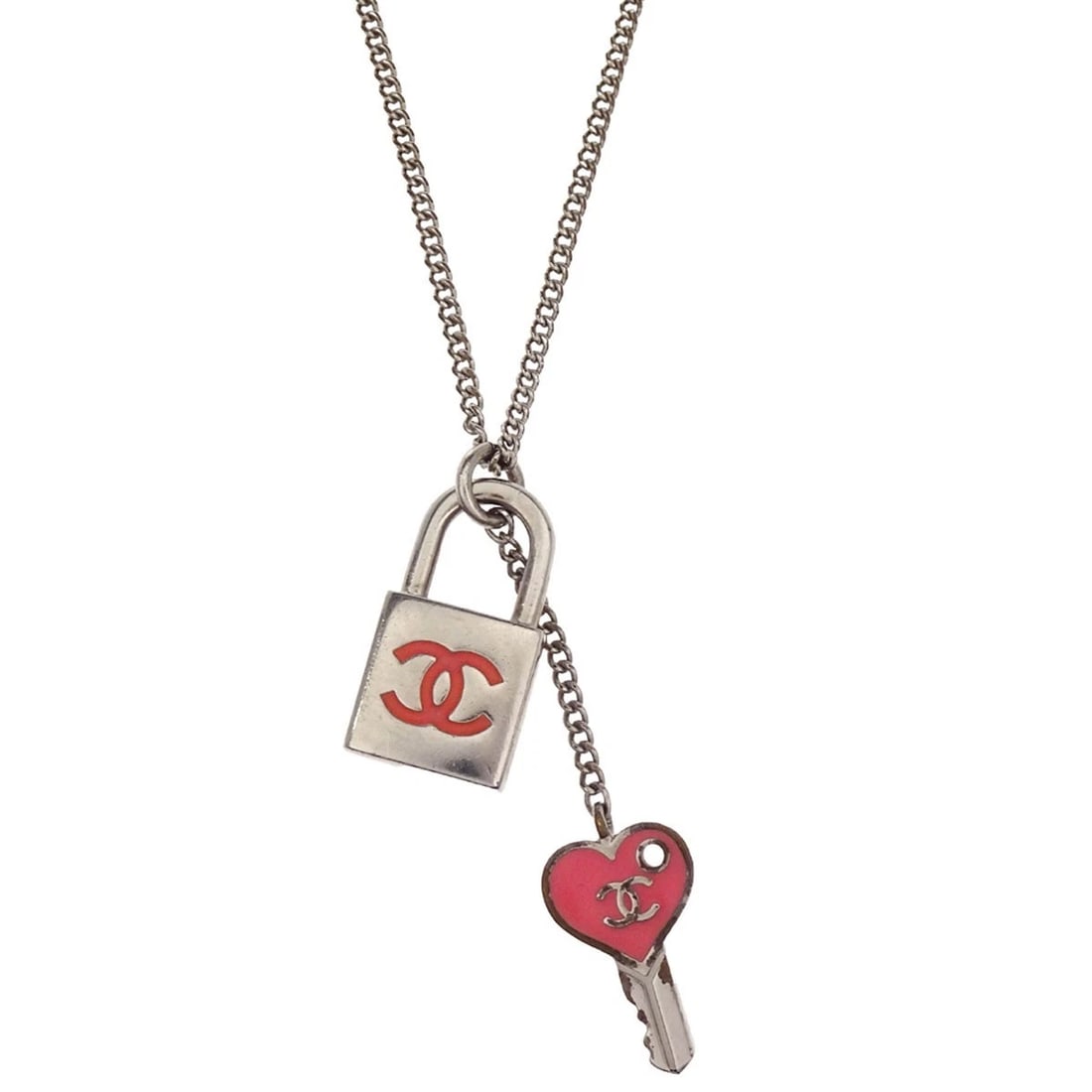 CHANEL PADLOCK KEY PENDANT NECKLACE: Chanel Padlock Key Pendant Necklace Brand: CHANEL Type/Style: Pendant Material: Silver Plated, Color: Silver, Pink Size: Chain(Overall) : 43.0 cm Charm(Padlock) : W 1.2 x H 2.2 cm Accessories: No