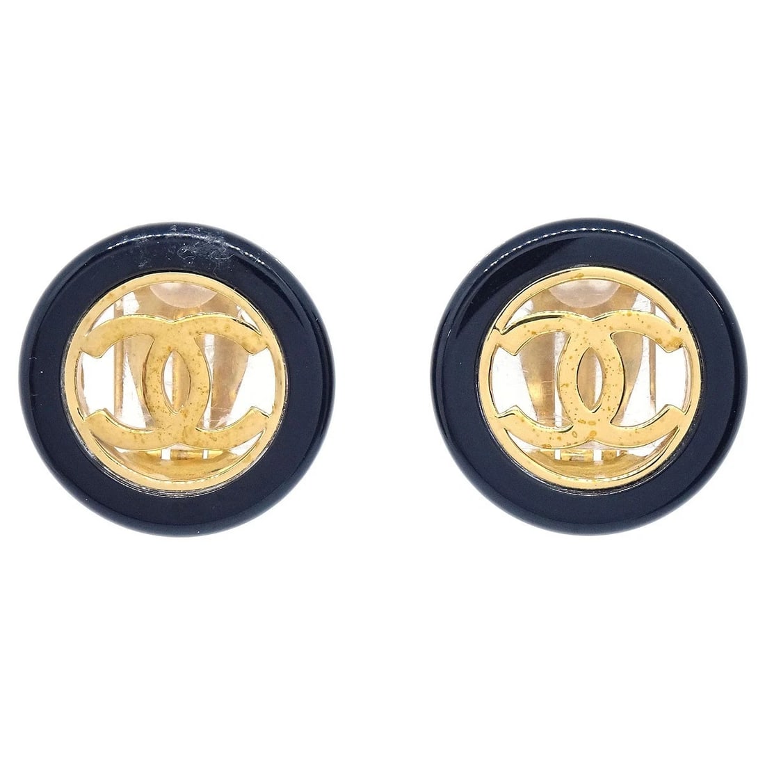 CHANEL BUTTON CLIP-ON EARRINGS BLACK GOLD: Chanel Button Clip-On Earrings Black Gold Brand: CHANEL Type/Style: Earrings Material: Gold Plated, Color: Gold, Black Size: Diameter : 2.5 cm Accessories: None Accessories Notice: When pu