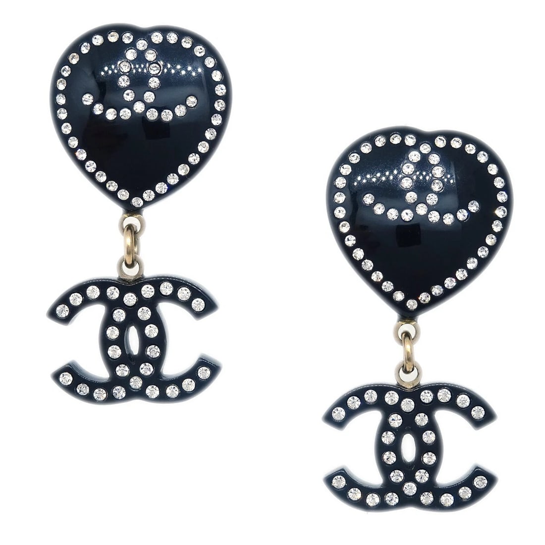 CHANEL RHINESTONE CC HEART DANGLE EARRINGS CLIP-ON: Chanel Rhinestone CC Heart Dangle Earrings Clip-On Brand: CHANEL Type/Style: Earrings Material: Gold plated, Color: Black, Gold Size: W 3.7 x H 2.0 cm Accessories: None Accessories Notice: