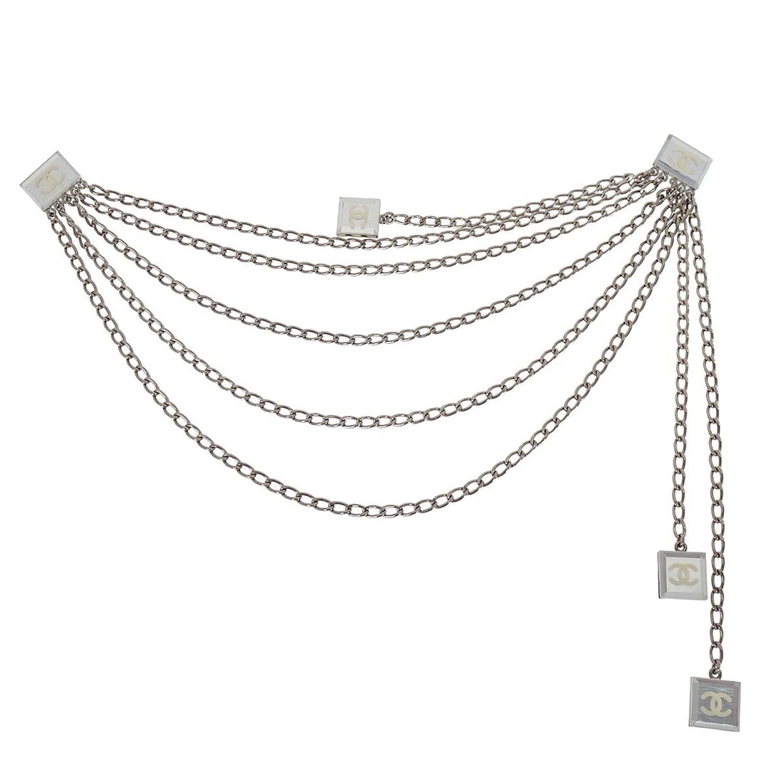 CHANEL SILVER CHAIN CHARM CLIP BROOCH: Chanel Silver Chain Charm Clip Brooch Brand: CHANEL Type/Style: Brooch Material: Silver plated, Color: Silver Size: W 26.0 x H 21.5 cm Accessories: None Accessories Notice: When purchasing