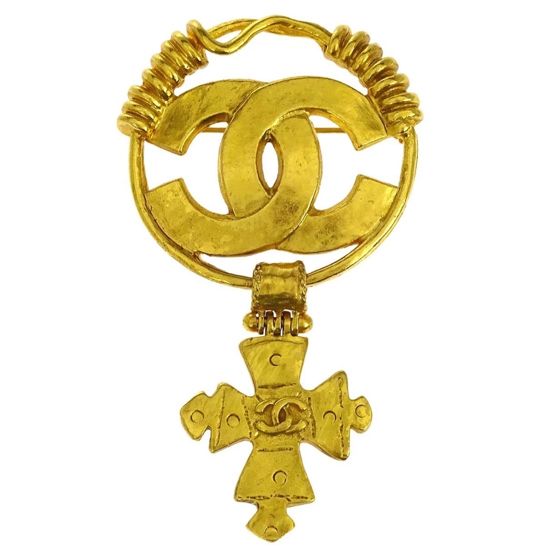 CHANEL MEDALLION DANGLE CROSS BROOCH PIN GOLD: Chanel Medallion Dangle Cross Brooch Pin Gold Brand: CHANEL Type/Style: Brooch Material: Gold Plated, Color: Gold Size: W 4.2 x H 7.5 cm Accessories: None Accessories Notice: When purchasing