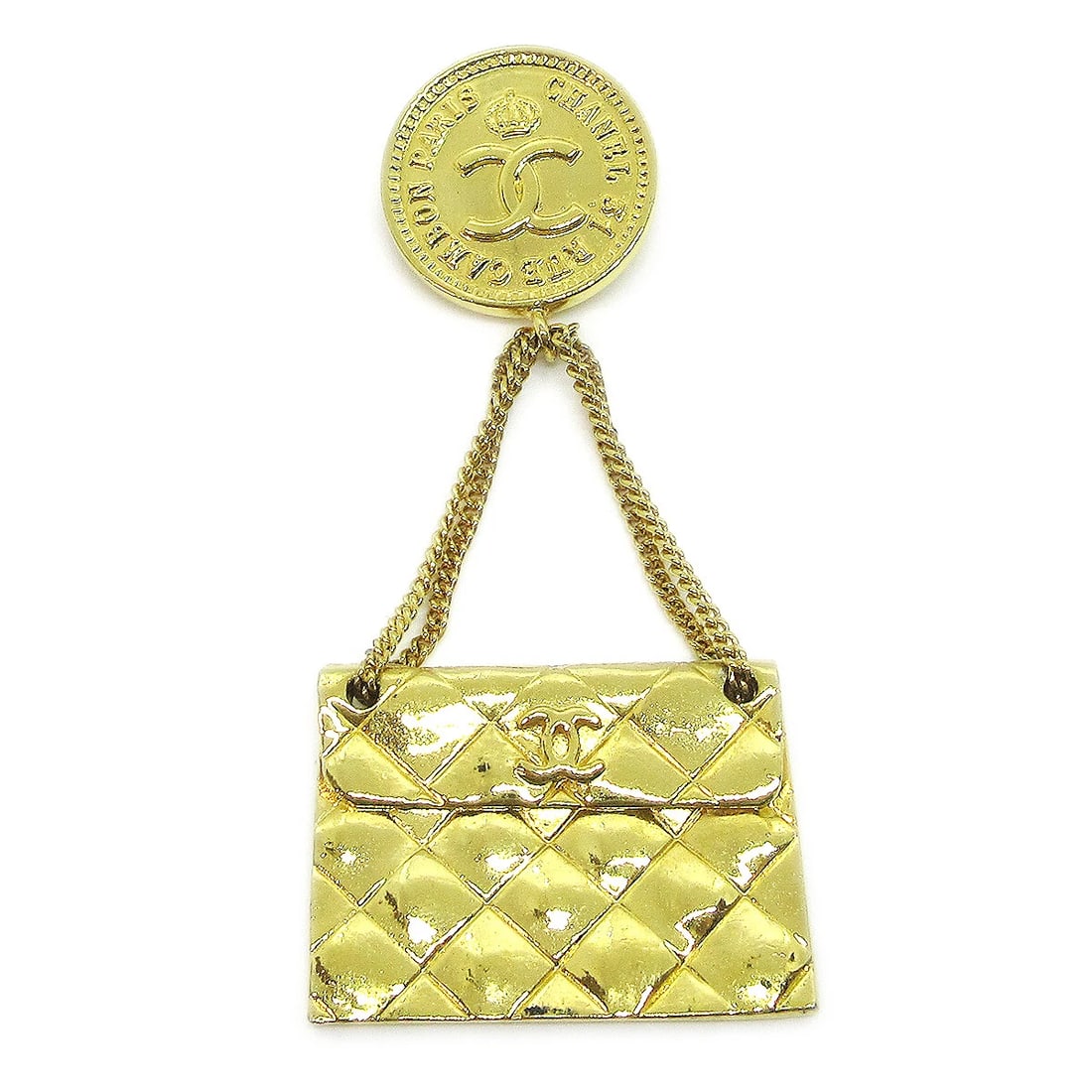CHANEL BAG BROOCH PIN GOLD: Chanel Bag Brooch Pin Gold Brand: Chanel Type/Style: Brooch Material: Gold-tone, Color: Gold Size: W 3.5 x H 7.5 cm Accessories: None Accessories Notice: When purchasing pre-owned goods,