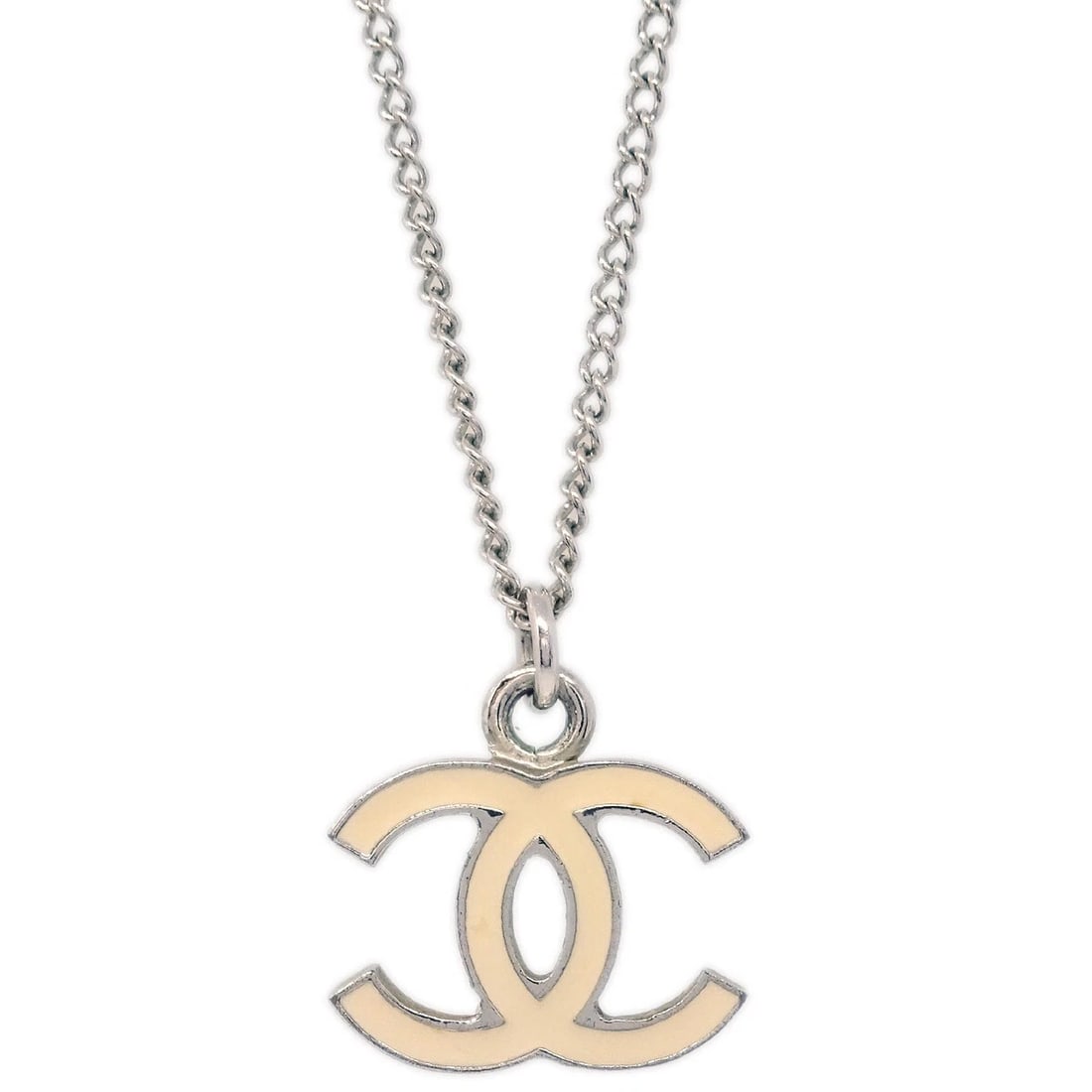 CHANEL CHAIN NECKLACE SILVER WHITE: Chanel Chain Necklace Silver White Brand: CHANEL Type/Style: Pendant Material: Silver Plated, Color: Silver, White Size: Chain(Overall) : 43.0 cm Charm : W 2.0 x H 1.5 cm Accessories: None