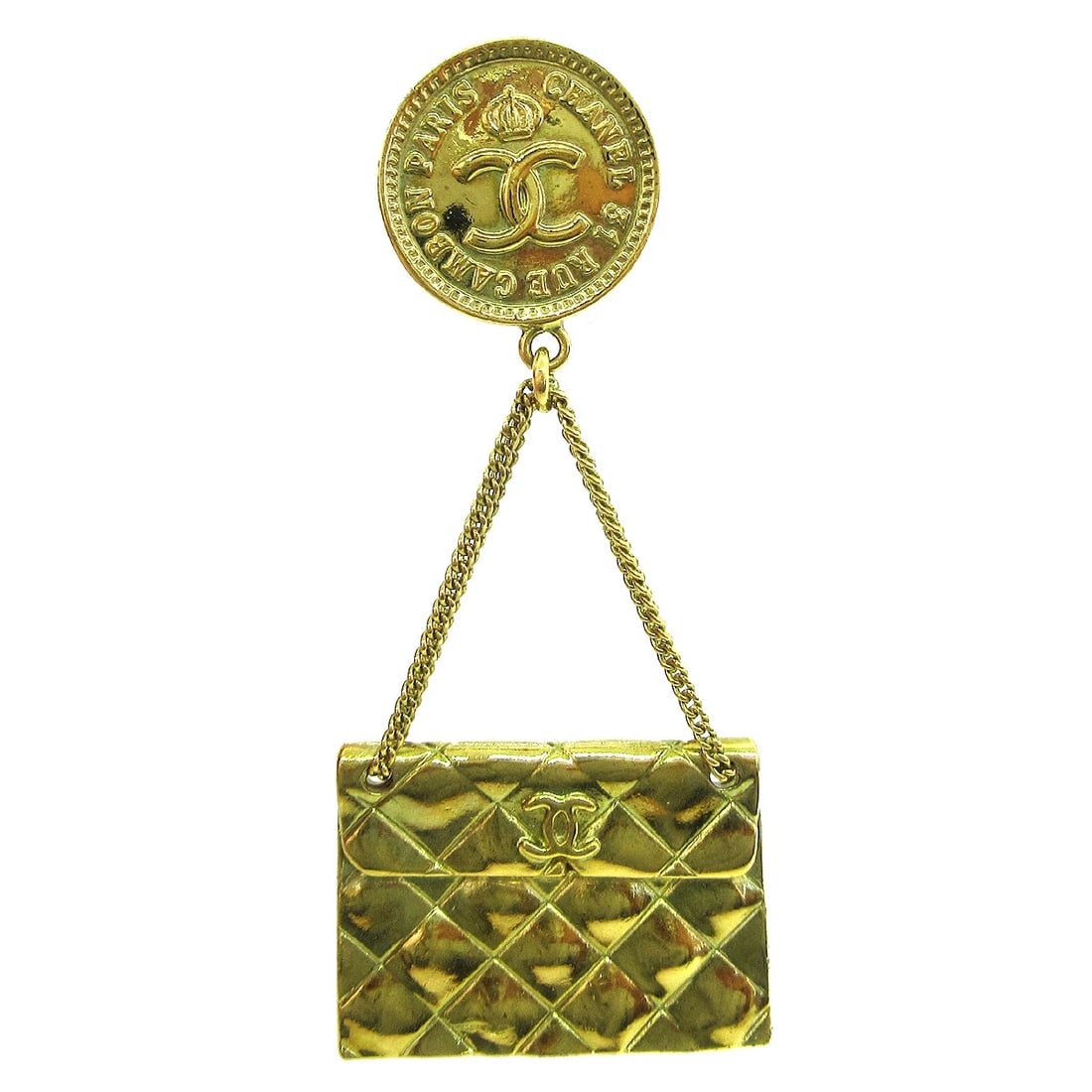 CHANEL BAG BROOCH PIN GOLD: Chanel Bag Brooch Pin Gold Brand: Chanel Type/Style: Brooch Material: Gold-tone, Color: Gold Size: W 3.3 x H 7.8 cm Accessories: None Accessories Notice: When purchasing pre-owned goods,