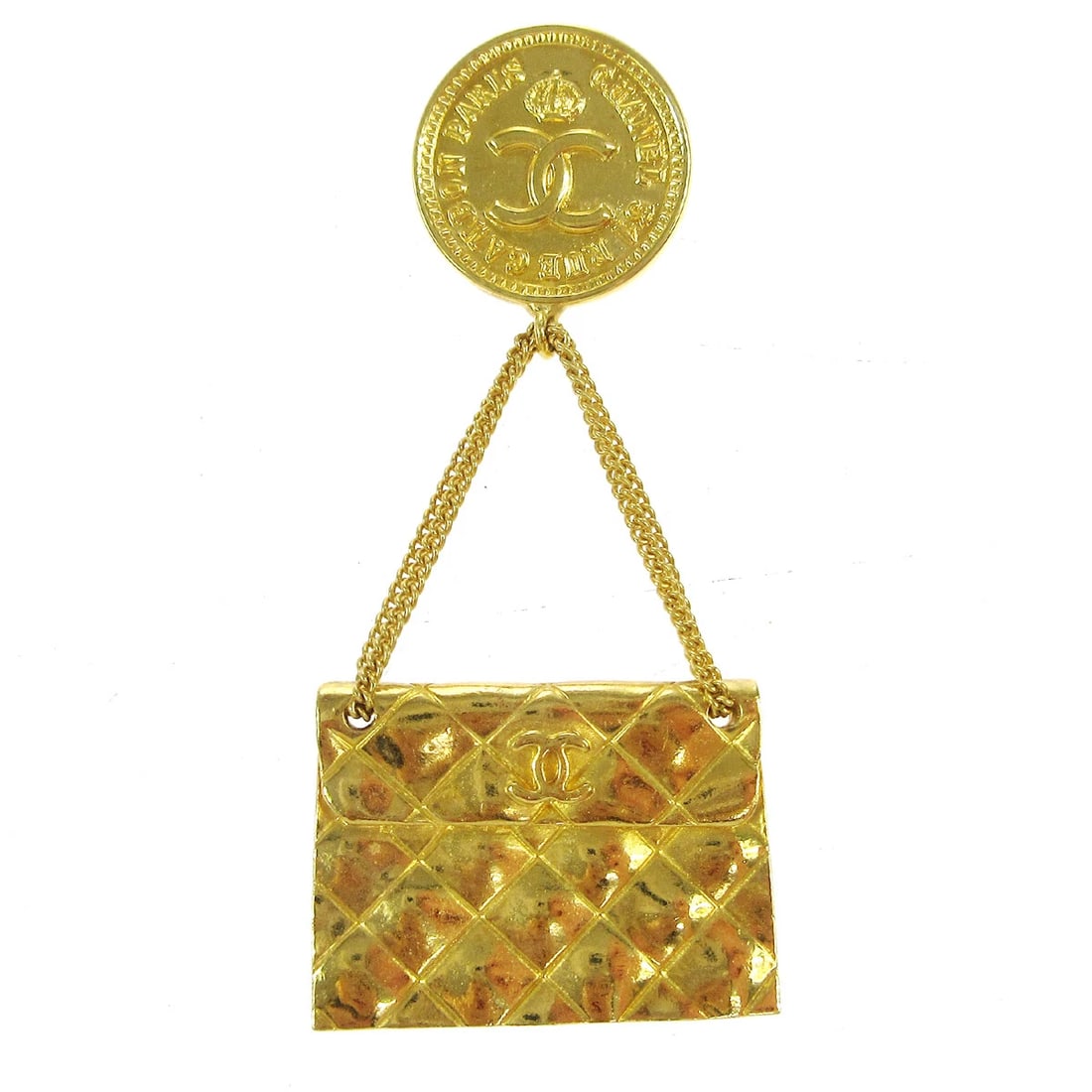 CHANEL BAG BROOCH PIN GOLD: Chanel Bag Brooch Pin Gold Brand: Chanel Type/Style: Brooch Material: Gold-tone, Color: Gold Size: W 3.5 x H 7.5 cm Accessories: None Accessories Notice: When purchasing pre-owned goods,