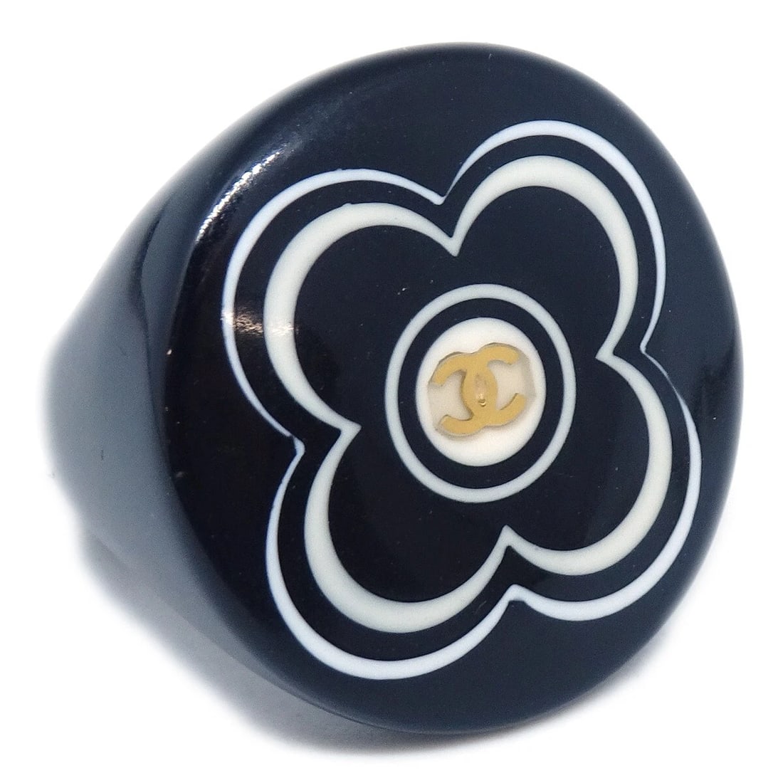 CHANEL RING BLACK: Chanel Ring Black Brand: Chanel Type/Style: Ring Material: Acrylic, Gold-plated, Color: Black, White Size: 6.75 - 7 US Accessories: None Accessories Notice: When purchasing pre-owned goods