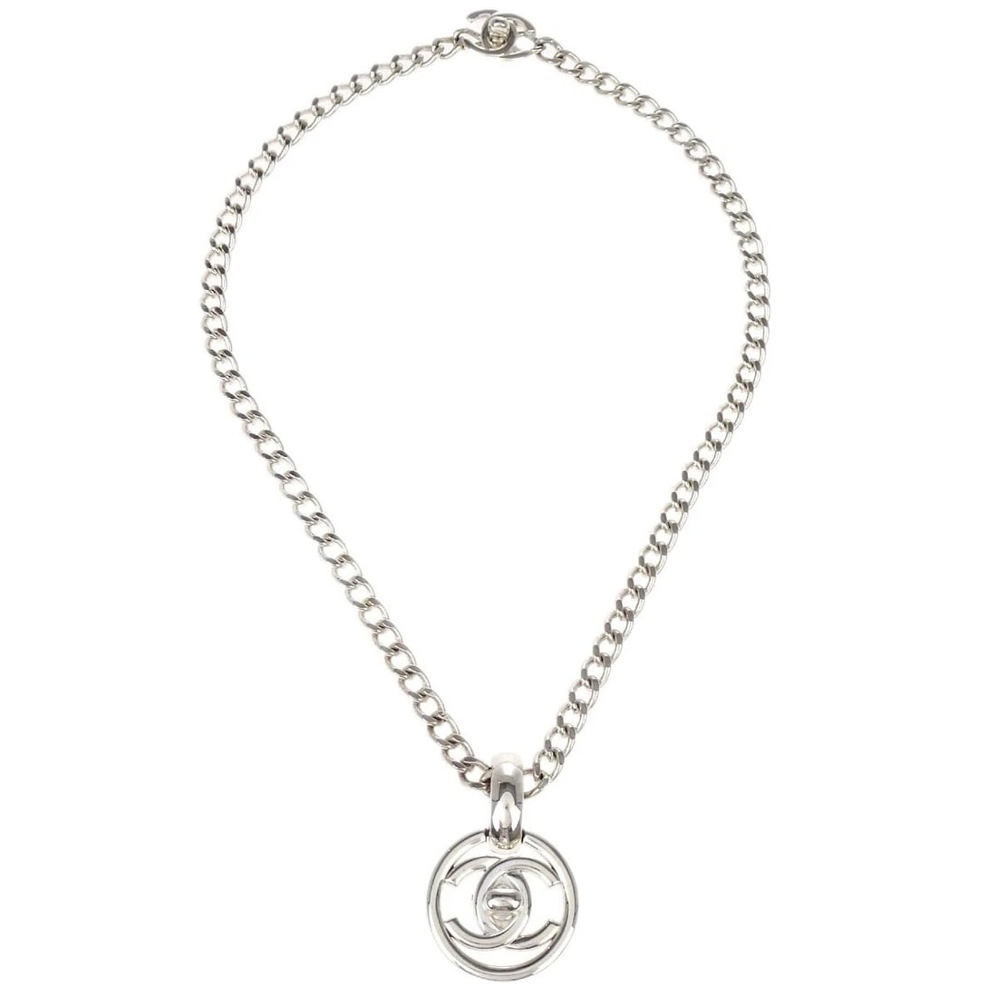 CHANEL TURNLOCK MEDALLION CHAIN PENDANT NECKLACE: Chanel Turnlock Medallion Chain Pendant Necklace Brand: CHANEL Type/Style: Necklace Material: Silver Plated, Color: Silver Size: Chain(Overall) : 57.0 cm Charm : Diameter : 3.6 cm Accessories: No
