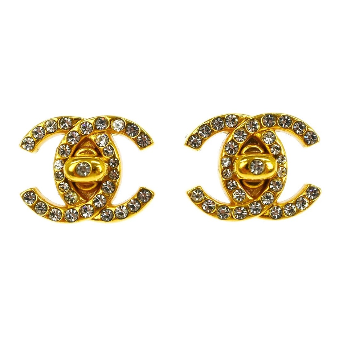 CHANEL CC TURNLOCK RHINESTONE EARRINGS: Chanel CC Turnlock Rhinestone Earrings Brand: CHANEL Type/Style: Earrings Material: Gold-plated, Color: Gold Size: W 2.2 x H 1.7 cm Accessories: None Accessories Notice: When purchasing
