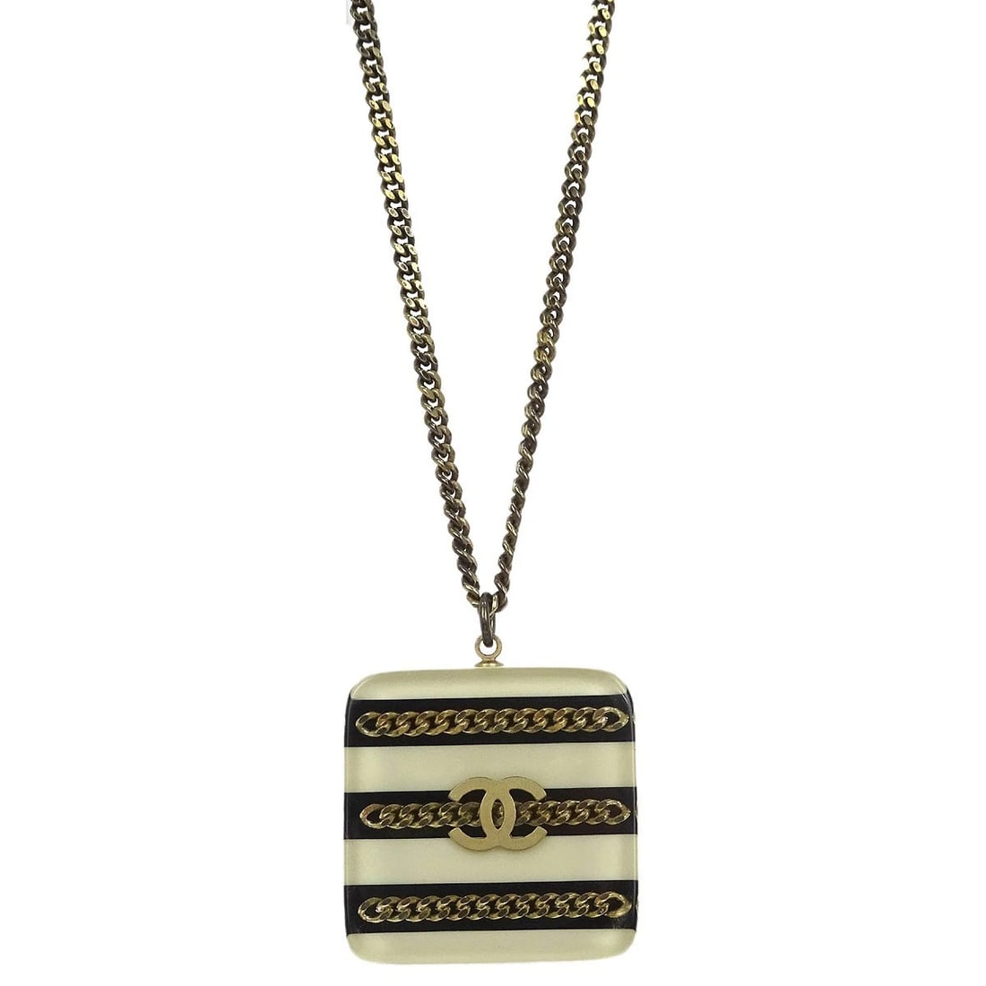 CHANEL GOLD SQUARE CHAIN PENDANT NECKLACE: Chanel Gold Square Chain Pendant Necklace Brand: CHANEL Type/Style: Necklace Material: Gold-plated, Color: Gold, Black, White Size: Chain(Overall) : 42.0 cm Top : W 2.8 x H 2.8 cm 