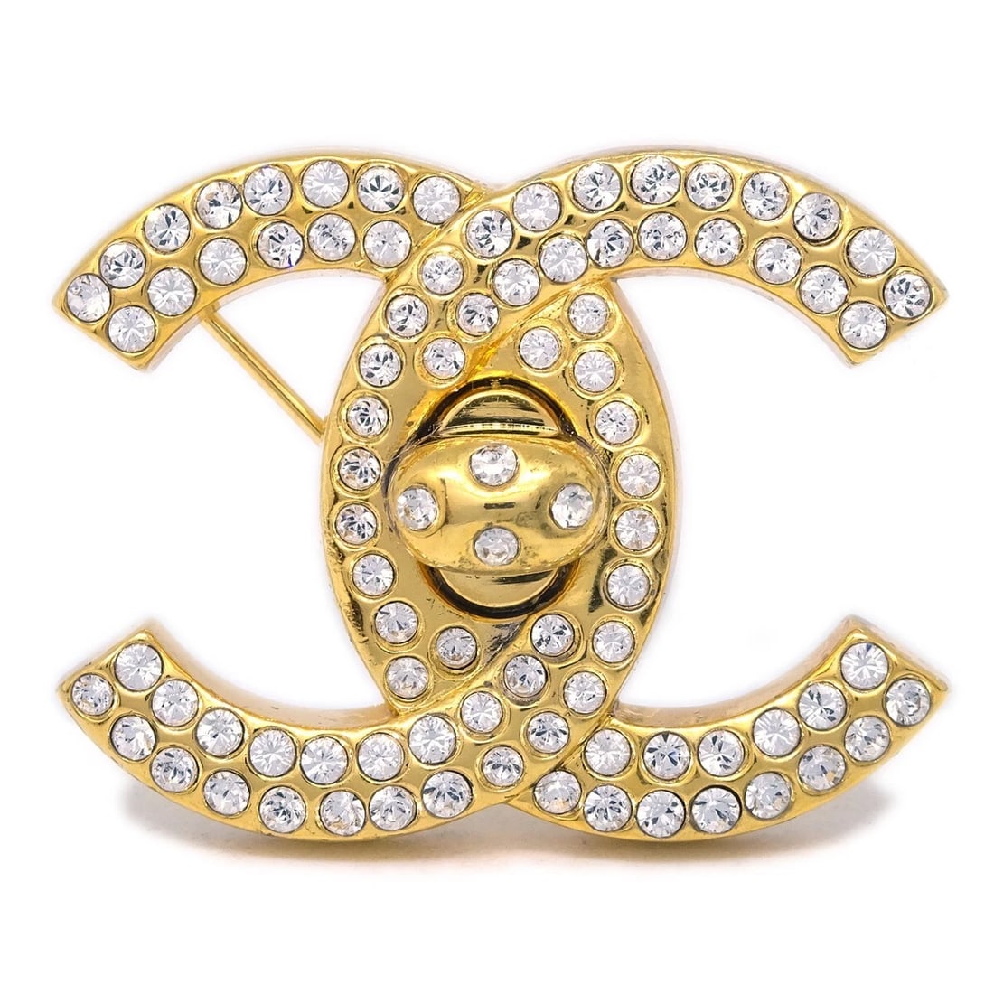 CHANEL CC TURNLOCK RHINESTONE CHARM BROOCH PIN: Chanel CC Turnlock Rhinestone Charm Brooch Pin Brand: CHANEL Type/Style: Brooch Material: Gold-plated, Color: Gold Size: W 3.7 x H 2.8 cm Accessories: None Accessories Notice: When purchasing