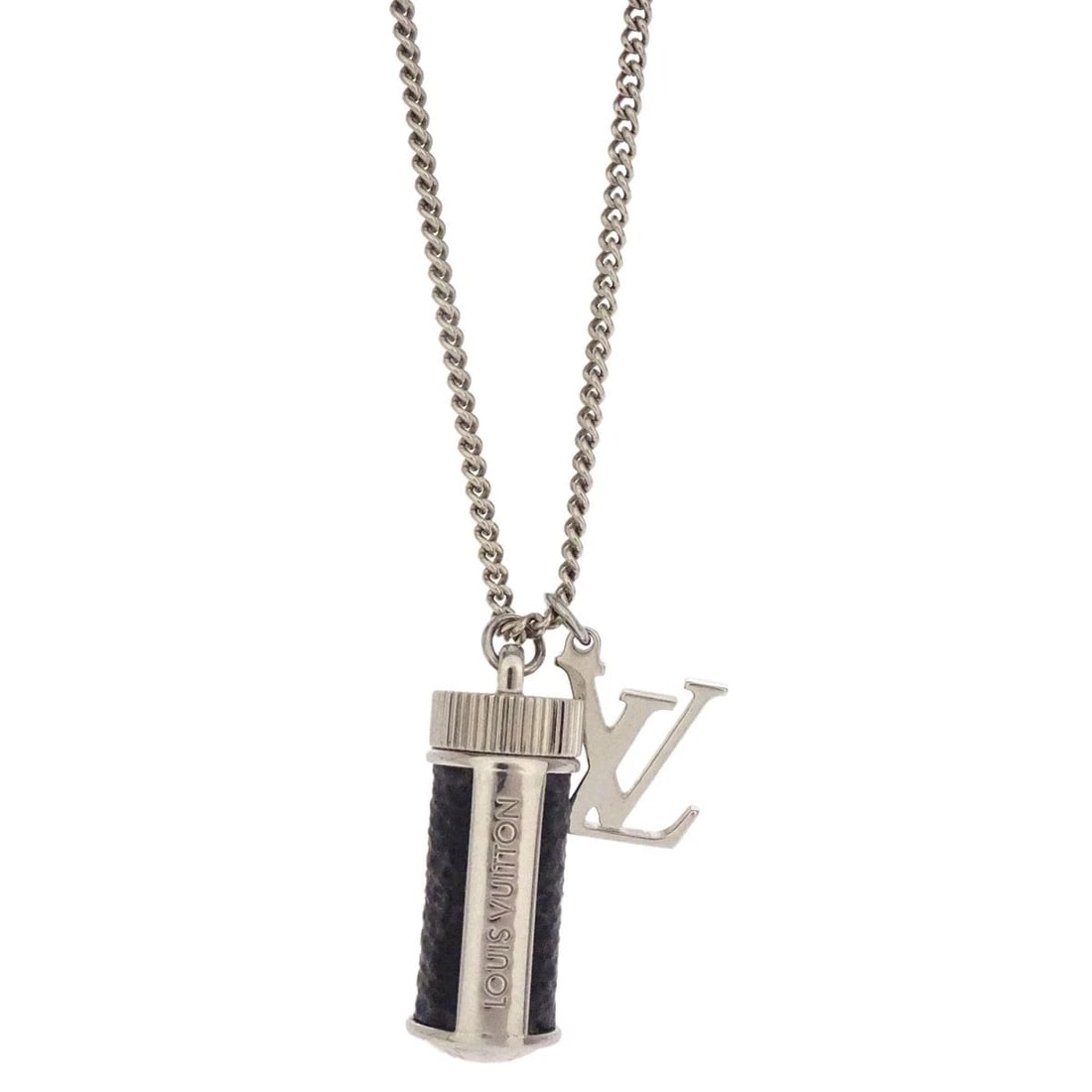 LOUIS VUITTON MONOGRAM ECLIPSE COLLIER CHARM CHAIN NECKLACE: Louis Vuitton Monogram Eclipse Collier Charm Chain Necklace Brand: Louis Vuitton Type/Style: Pendant Material: Silver Plated, Leather, Color: Silver Size: Chain(Overall) : 61.0 cm Top : W 1.0 x H