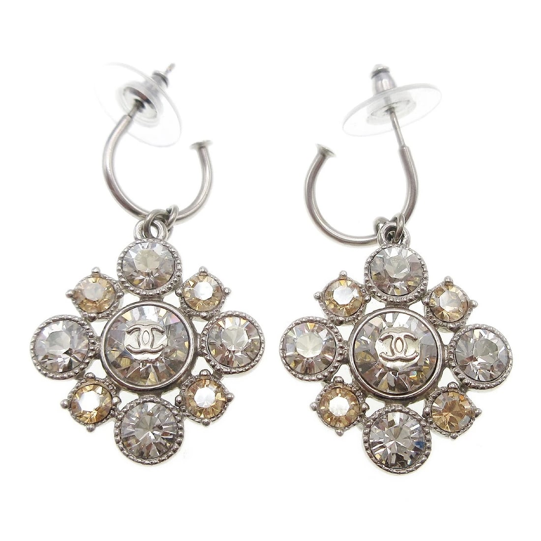 CHANEL DANGLE PIERCED EARRINGS SILVER: Chanel Dangle Pierced Earrings Silver Brand: CHANEL Type/Style: Earrings Material: Silver Plated, Color: Black Size: W 2.5 x H 4.0 cm Accessories: None Accessories Notice: When purchasing