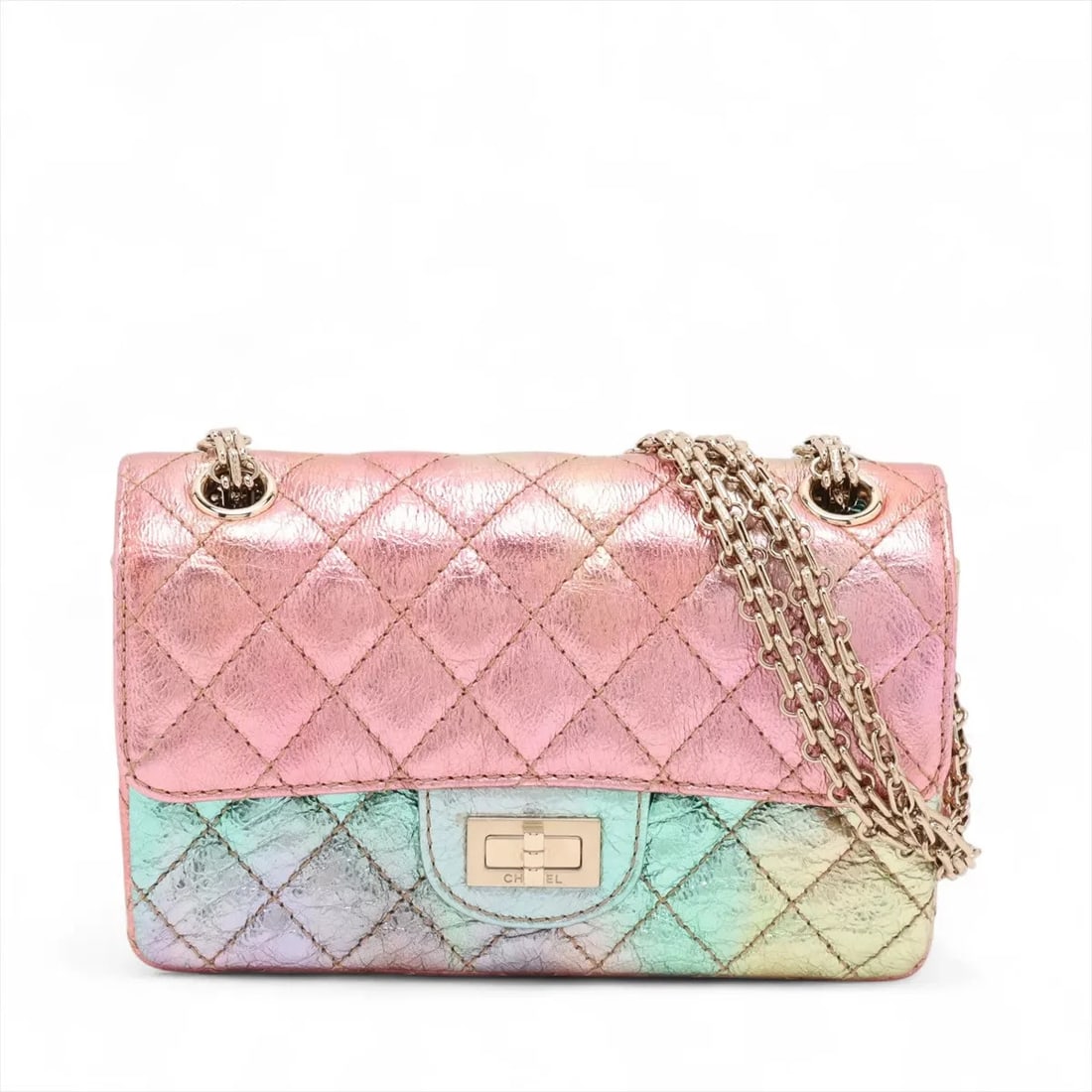CHANEL MATELASSE MINI LEATHER SINGLE FLAP DOUBLE CHAIN BAG: Chanel Matelasse Mini Leather Single Flap Double Chain Bag Brand: Chanel Type: Shoulder bag Material: Leather Color: Multicolor Size: Height:5.1inch Length:7.7inch Depth:3.0inch Shoulder height:11