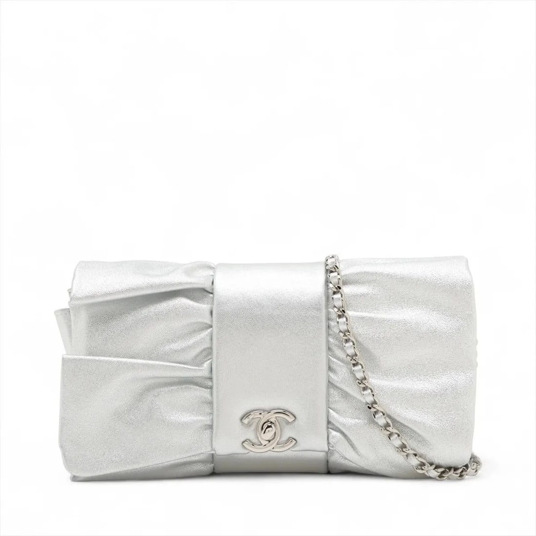 CHANEL COCO MARK LAMBSKIN CHAIN SHOULDER BAG: Chanel Coco Mark Lambskin Chain Shoulder Bag Brand: Chanel Type: Shoulder bag Material: Lambskin Color: Silver Size: Height:4.5inch Length:8.7inch Depth:1.6inch Shoulder height:21.9inch Accessori