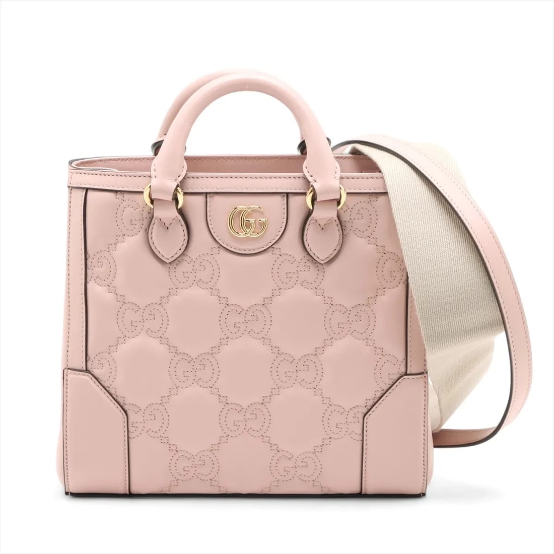 GUCCI GG MATRASSE LEATHER 2 WAY HANDBAG: Gucci GG Matrasse Leather 2 Way Handbag Brand: Gucci Type: Hand bag Material: Leather Color: Pink Size: Height:8.3inch Length:9.1inch Depth:4.1inch Handle height:2.2inch Accessories: None