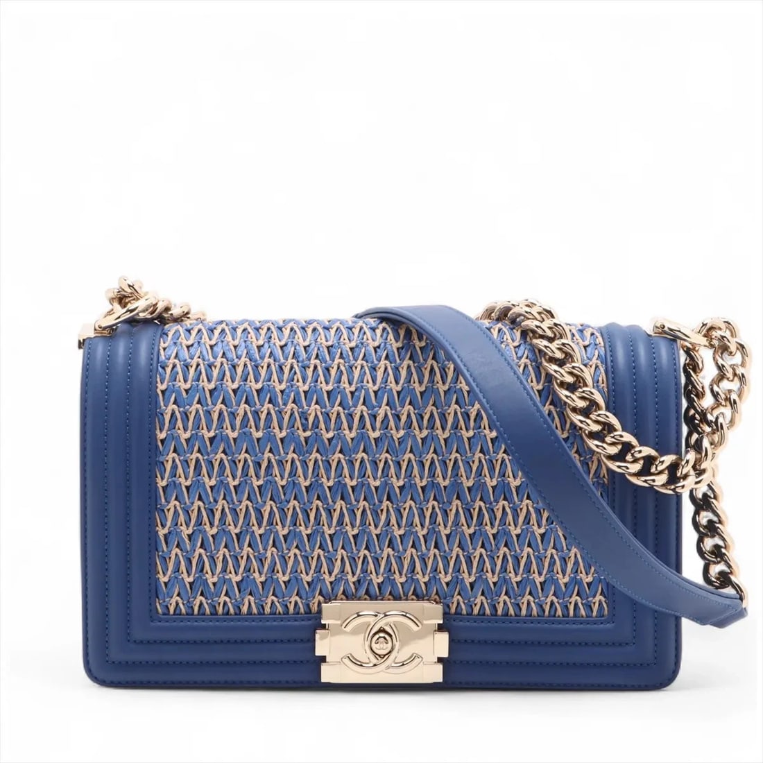 CHANEL 25 RAFFIA X LAMBSKIN CHAIN SHOULDER BAG: CHANEL 25 raffia x lambskin Chain Shoulder Bag Brand: Chanel Type: Shoulder bag Material: Raffia Color: Blue Size: Height:5.7inch Length:9.8inch Depth:2.8inch Shoulder height:20.1inch 
