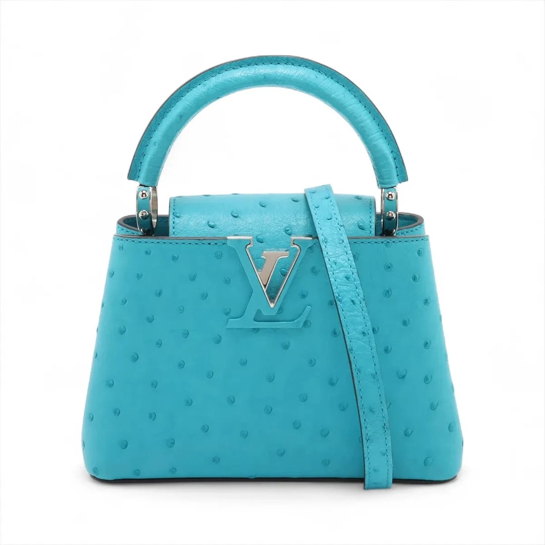 LOUIS VUITTON OSTRICH CAPUCINESMINI - BLUE: Louis Vuitton Ostrich CapucinesMINI - Blue Brand: Louis Vuitton Type: Hand bag Material: None Color: Blue Size: Height:5.5inch Length:7.9inch Depth:3.0inch Handle height:2.4inch Shoulder