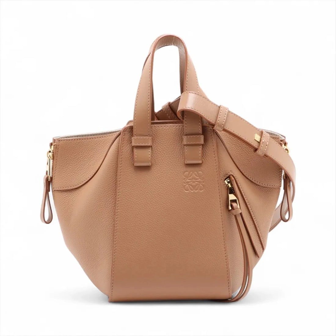 LOEWE HAMMOCK COMPACT LEATHER 2 WAY HANDBAG: Loewe Hammock Compact Leather 2 Way Handbag Brand: Loewe Type: Shoulder bag Material: Leather Color: Brown Size: Height:8.1inch Length:5.7inch Depth:7.9inch Handle height:3.9inch Shoulder