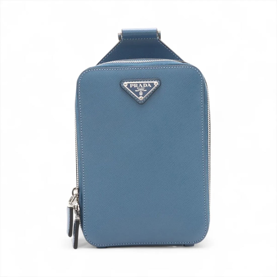 PRADA SAFFIANO LEATHER SLING BACKPACK BLUE: Prada Saffiano Leather Sling backpack Blue Brand: Prada Type: Waist pouch/Body bag Material: Leather Color: Blue Size: Height:7.9inchLength:5.5inchDepth:2.0inch Accessories: None Accessori