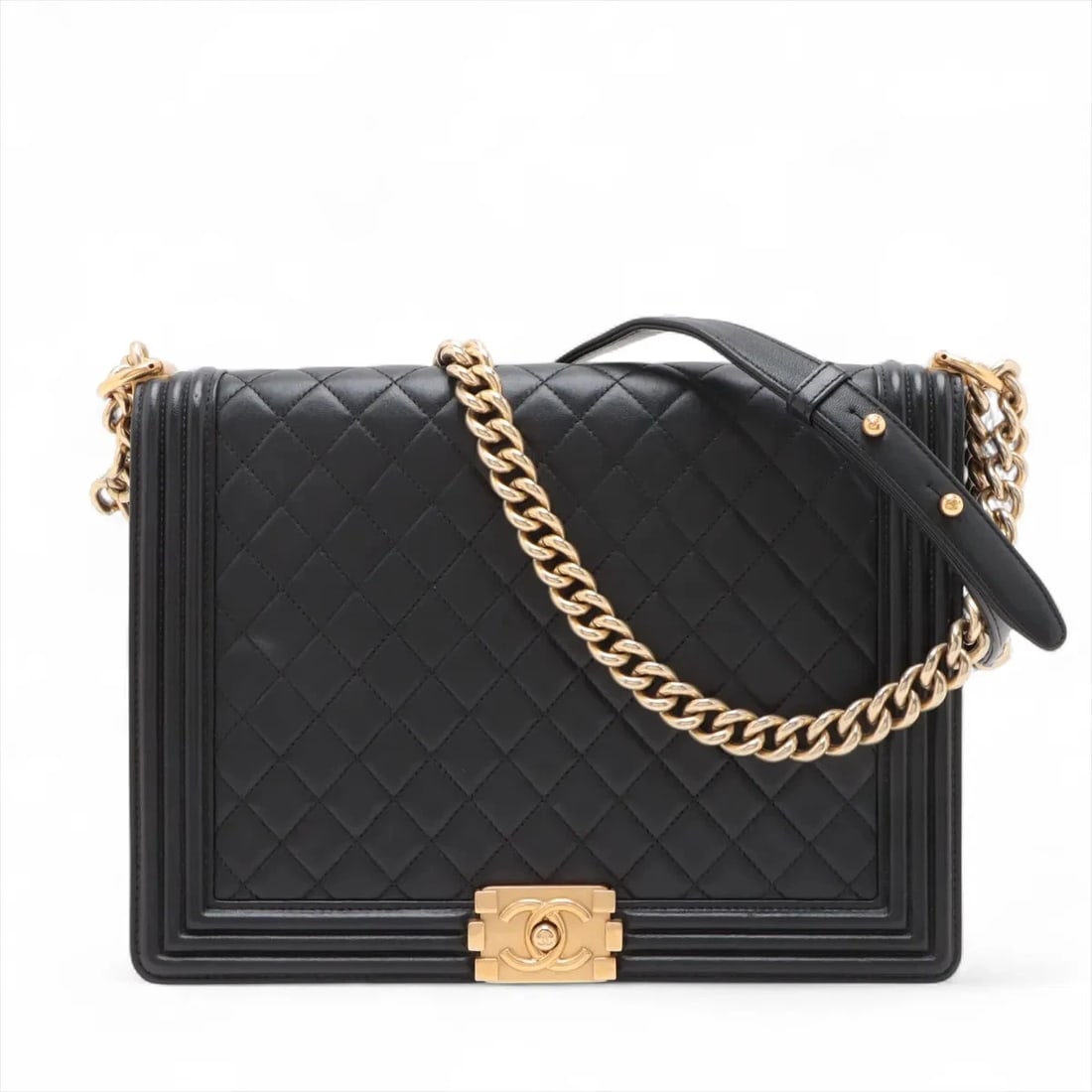 CHANEL LARGE LAMBSKIN CHAIN SHOULDER BAG: CHANEL Large Lambskin Chain Shoulder Bag Brand: Chanel Type: Shoulder bag Material: Lambskin Color: Black Size: Height:8.7inch Length:11.8inch Depth:3.1inch Shoulder height:20.5inch Accessories: