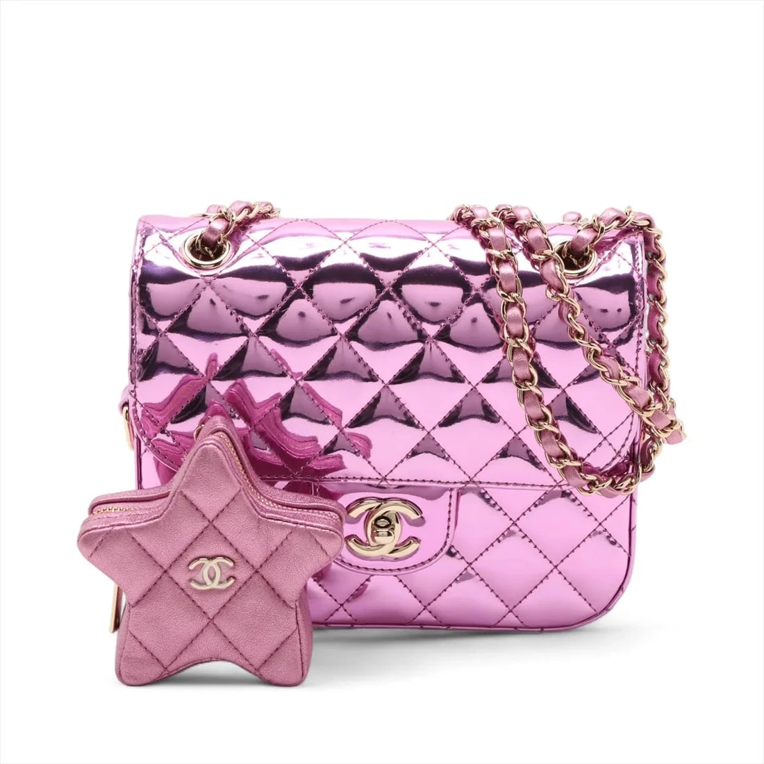 CHANEL MATELASSE PATENT LEATHER SINGLE FLAP DOUBLE CHAIN BAG: Chanel Matelasse Patent Leather Single Flap Double Chain Bag Brand: Chanel Type: Shoulder bag Material: Patent Leather Color: Pink Size: Height:6.3inch Length:7.5inch Depth:1.6inch Shoulder