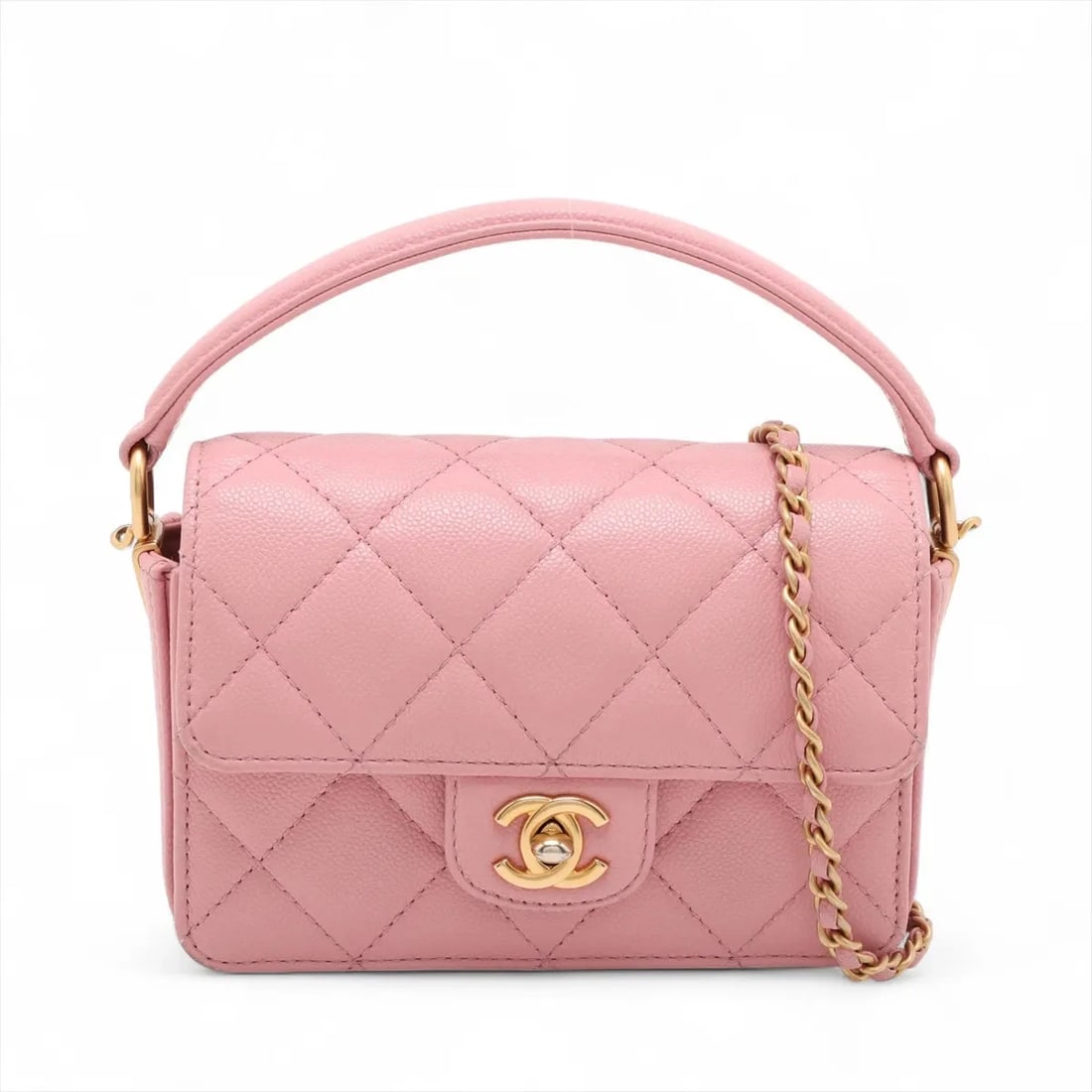 CHANEL MATELASSE CAVIAR SKIN 2 WAY HANDBAG: Chanel Matelasse Caviar Skin 2 Way Handbag Brand: Chanel Type: Hand bag Material: Caviar Skin Color: Pink Size: Height:4.5inch Length:6.3inch Depth:2.8inch Handle height:2.0inch Shoulder