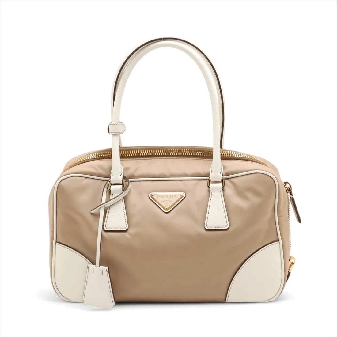PRADA TESSUTO NYLON X LEATHER 2 WAY HANDBAG: Prada Tessuto nylon x leather 2 Way Handbag Brand: Prada Type: Hand bag Material: Nylon Color: Beige Size: Height:6.7inch Length:12.0inch Depth:3.7inch Handle height:6.7inch Accessories: None
