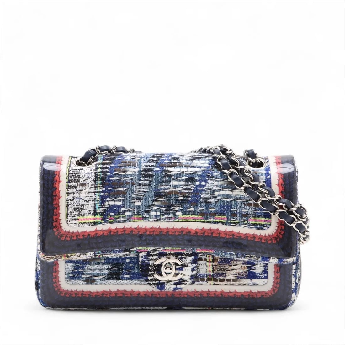 CHANEL COCO MARK TWEED X PATENT LEATHER DOUBLE FLAP DOUBLE CHAIN BAG: Chanel Coco Mark tweed x patent leather Double Flap Double Chain Bag Brand: Chanel Type: Shoulder bag Material: Tweed Color: Blue Size: Height:6.1inch Length:10.0inch Depth:2.6inch Shoulder height