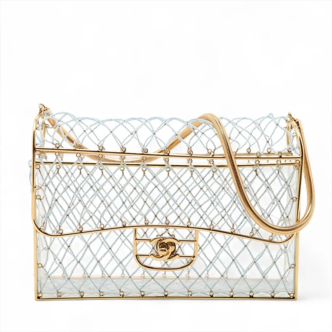 CHANEL MATELASSE BEADS X ACRYLIC SHOULDER BAG: Chanel Matelasse beads x acrylic Shoulder bag Brand: Chanel Type: Shoulder bag Material: beads Color: Blue Size: Height:6.9inch Length:9.8inch Depth:2.6inch Shoulder height:8.9inch Accessories: N